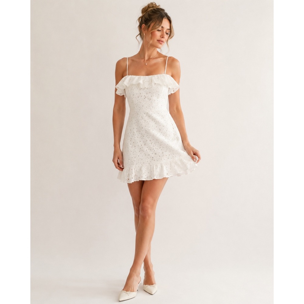 Altar'd State White Eyelet Lace Mini Dress M Ruffle Coquette Cottagecore Lined